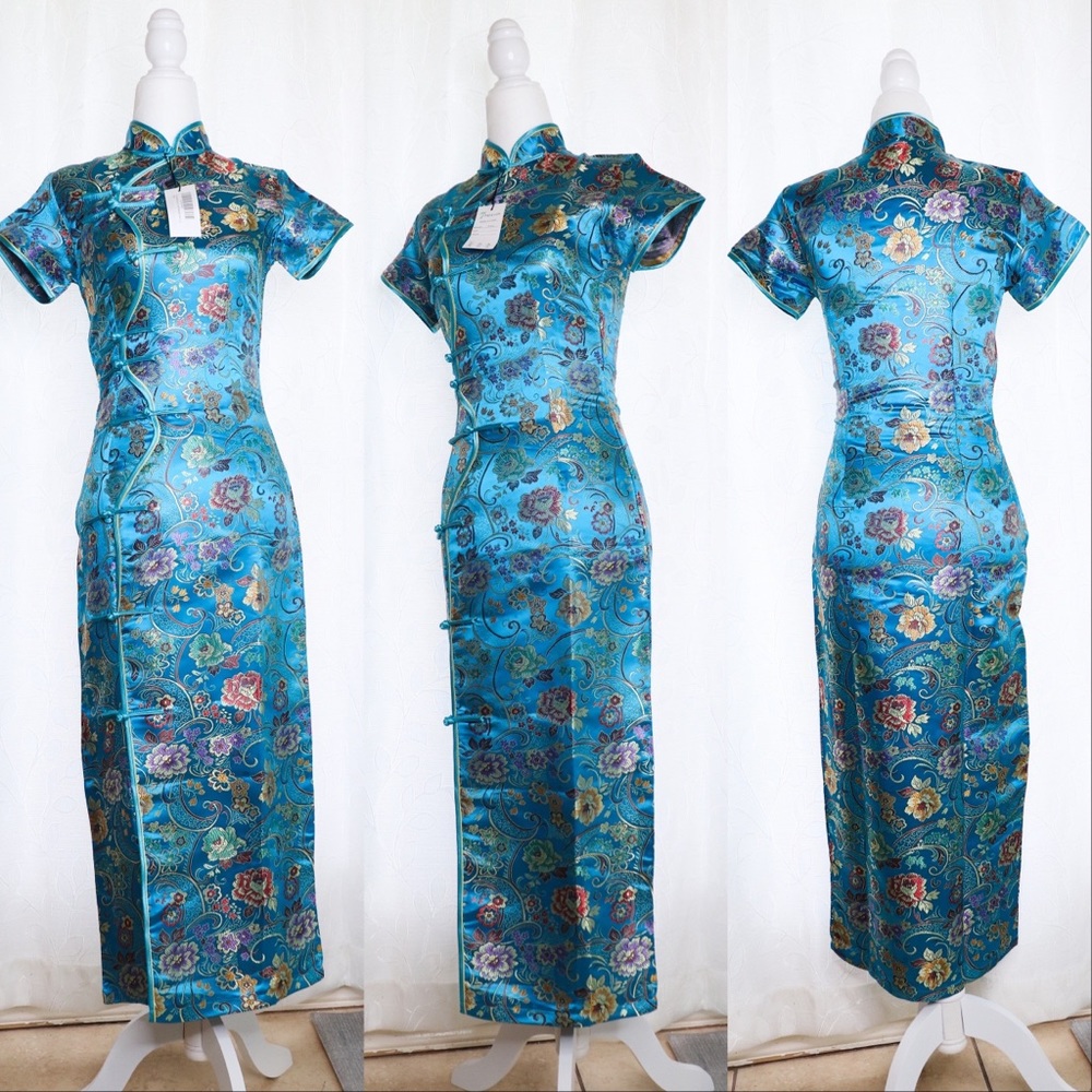 Qipao Dress| Satin Blue| Long| Size 2/4/6